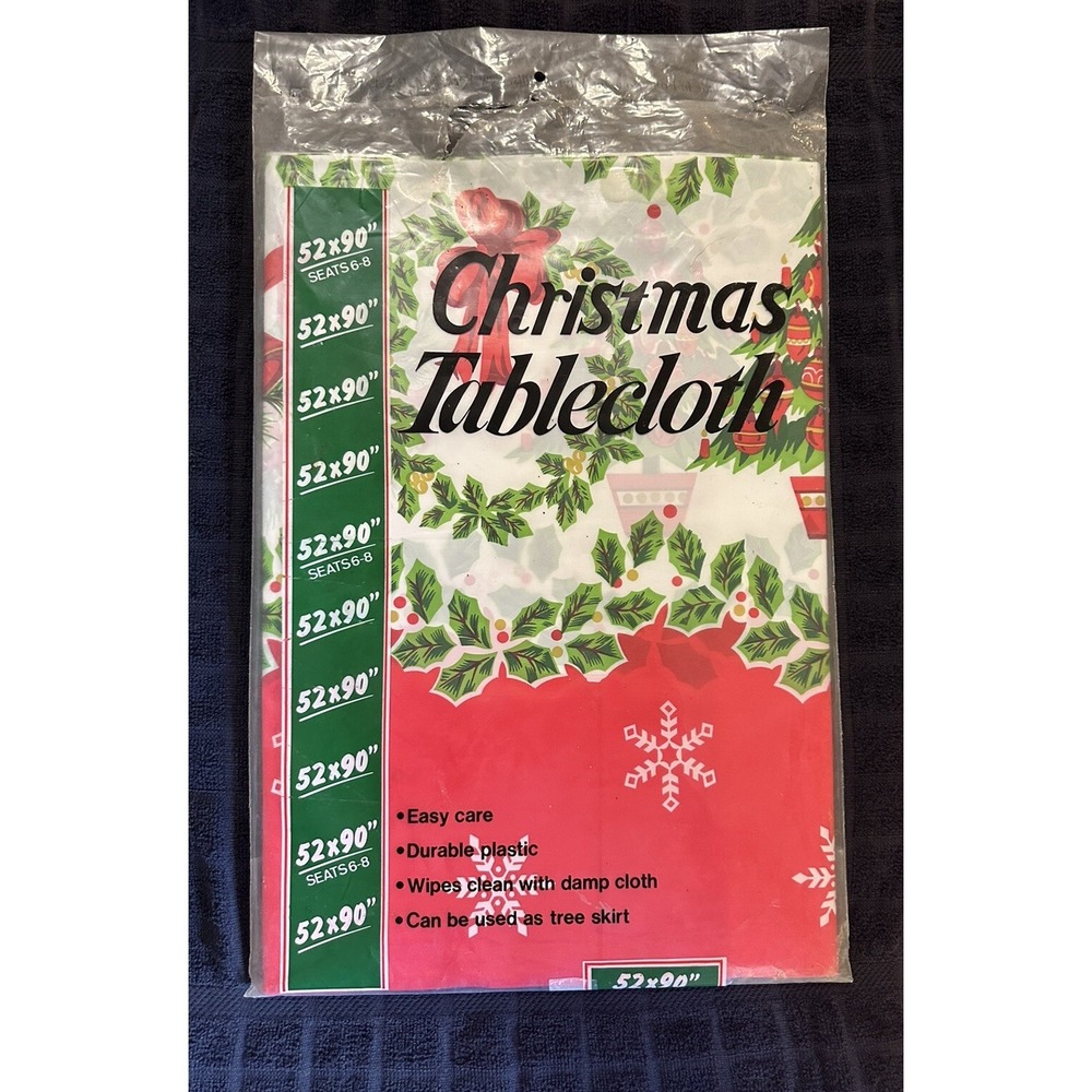 Vintage Retro Red White & Green Christmas Tablecloth 52 X 90" Plastic Reusable